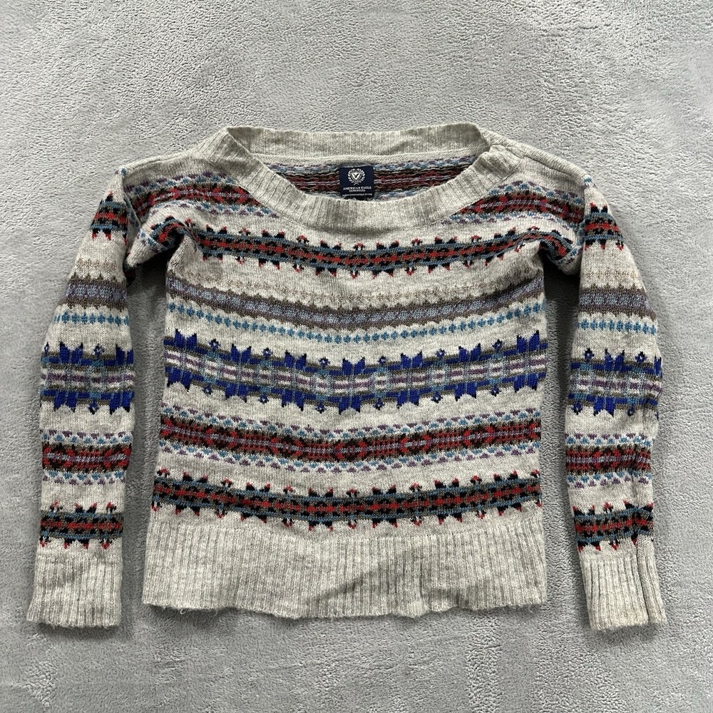 American Eagle Fair Isle Sweater Womens M Gray Blue Red Knit Wool Boho Cabin